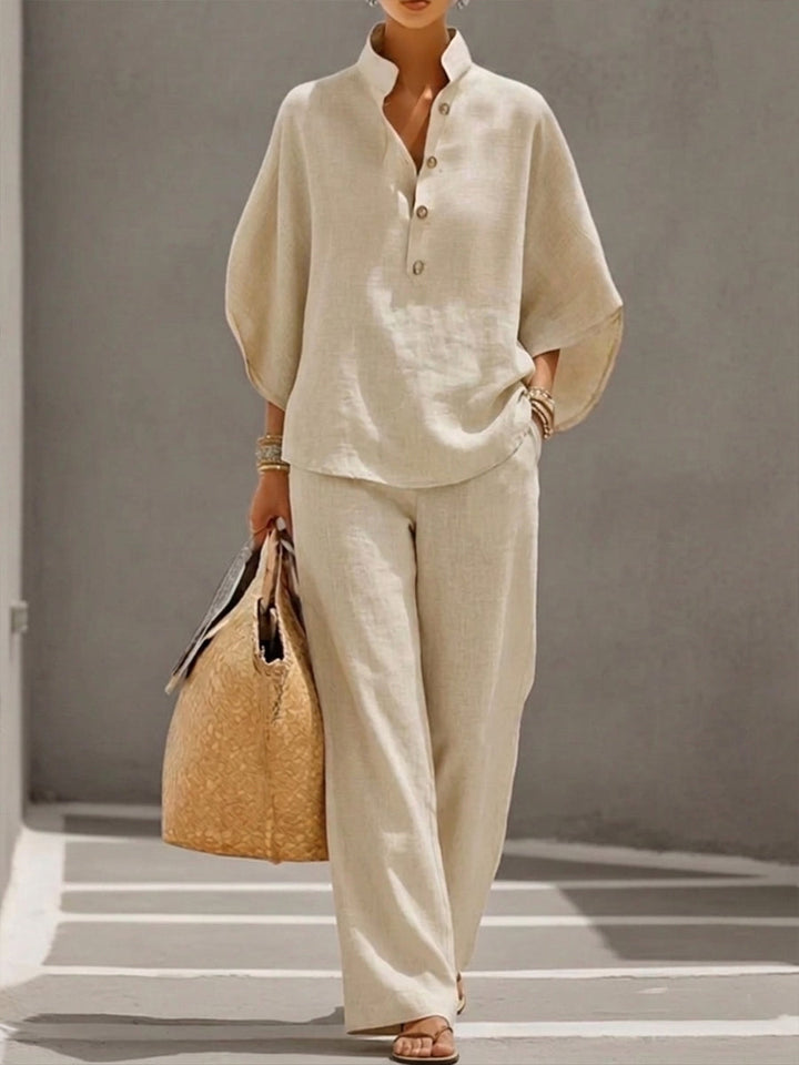 Liorriel | Women's Two-Piece Matching Collar Top and Trousers Set – Relaxed Linen Co-Ord — 1