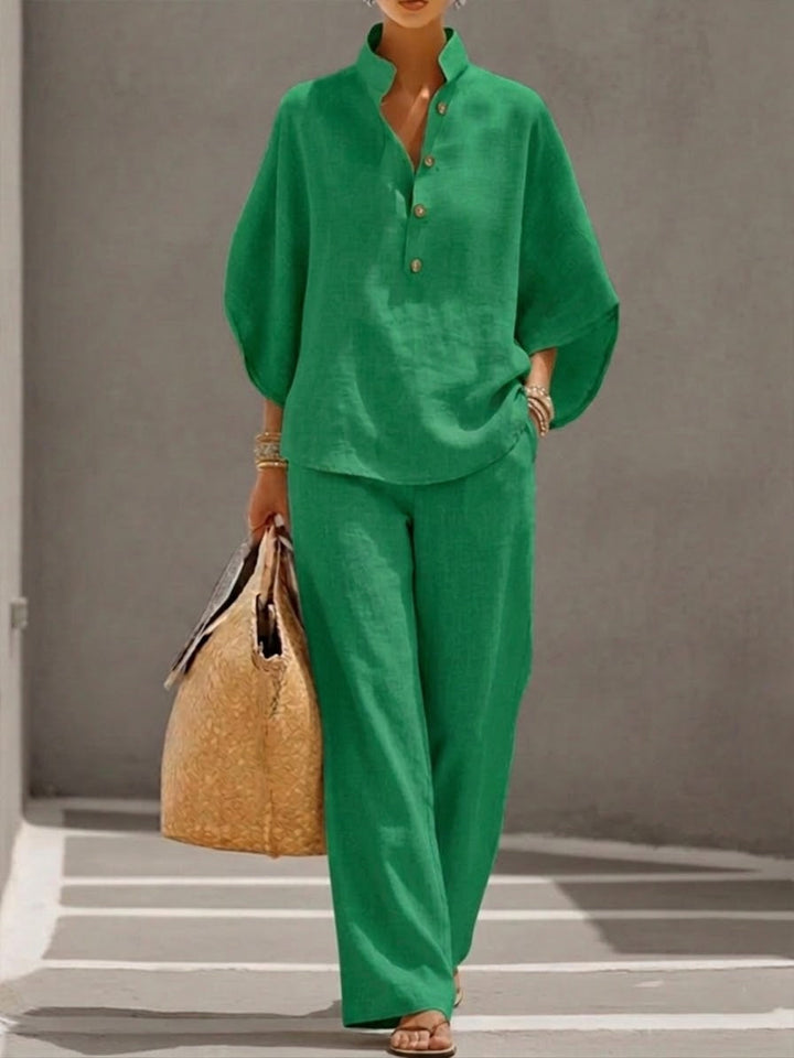 Liorriel | Women's Two-Piece Matching Collar Top and Trousers Set – Relaxed Linen Co-Ord — Green