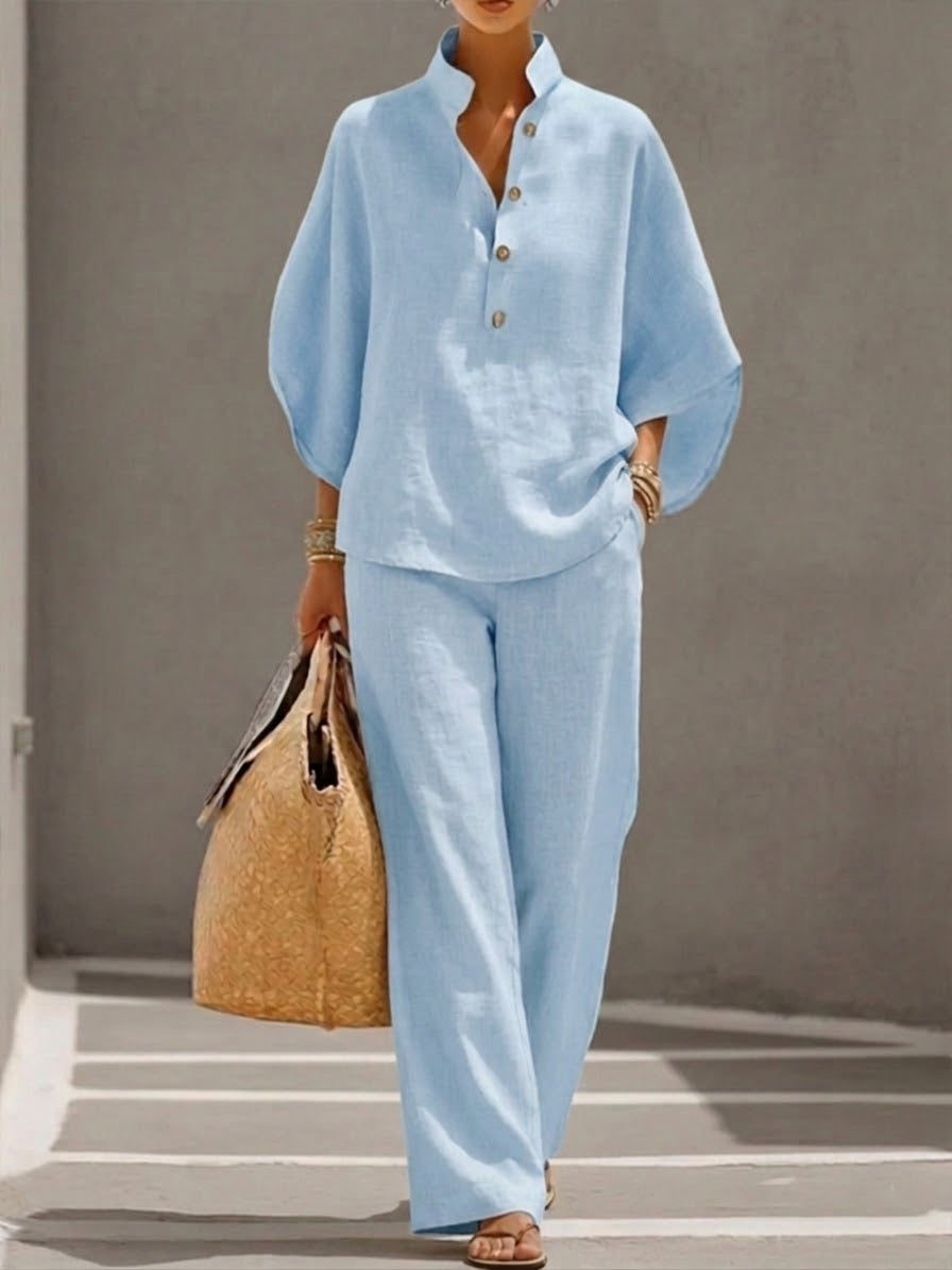 Liorriel | Women's Two-Piece Matching Collar Top and Trousers Set – Relaxed Linen Co-Ord — Light Blue