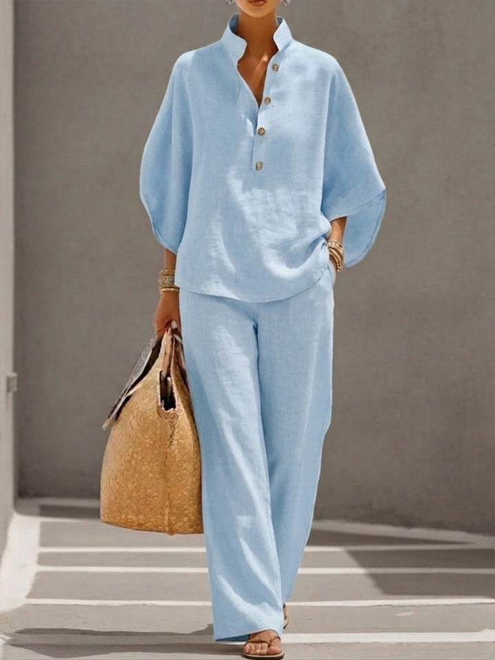 Liorriel | Women's Two-Piece Matching Collar Top and Trousers Set – Relaxed Linen Co-Ord — Light Blue