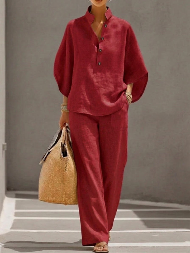 Liorriel | Women's Two-Piece Matching Collar Top and Trousers Set – Relaxed Linen Co-Ord — Red