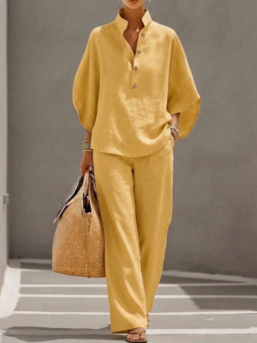 Liorriel | Women's Two-Piece Matching Collar Top and Trousers Set – Relaxed Linen Co-Ord — Yellow