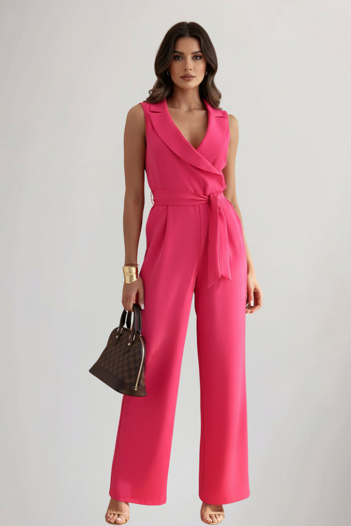 Lisedessa | Tie-Waist V-Neck Sleeveless Wide Leg Jumpsuit