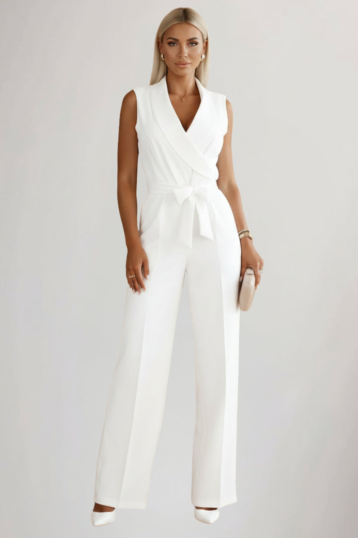 Lisedessa | Tie-Waist V-Neck Sleeveless Wide Leg Jumpsuit