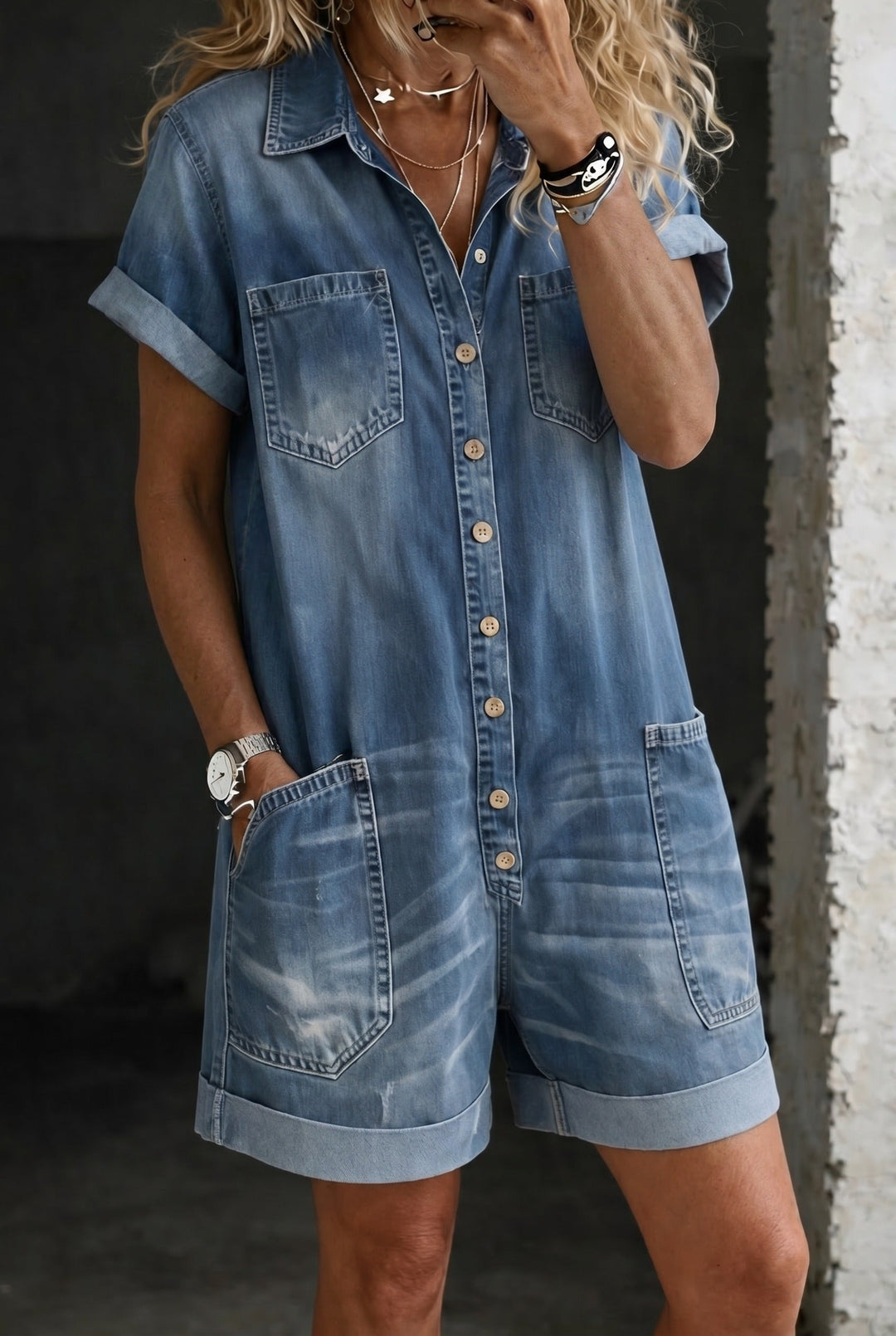 Liseelle | Women's Wide-Leg Elegant Casual Denim Jumpsuit Shorts — Blue