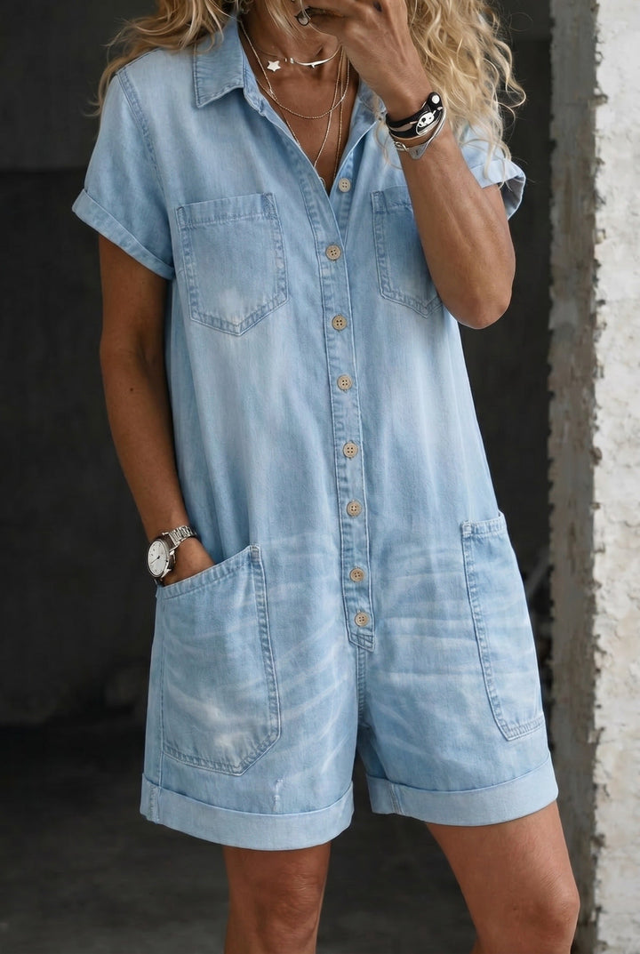 Liseelle | Women's Wide-Leg Elegant Casual Denim Jumpsuit Shorts — Sky Blue
