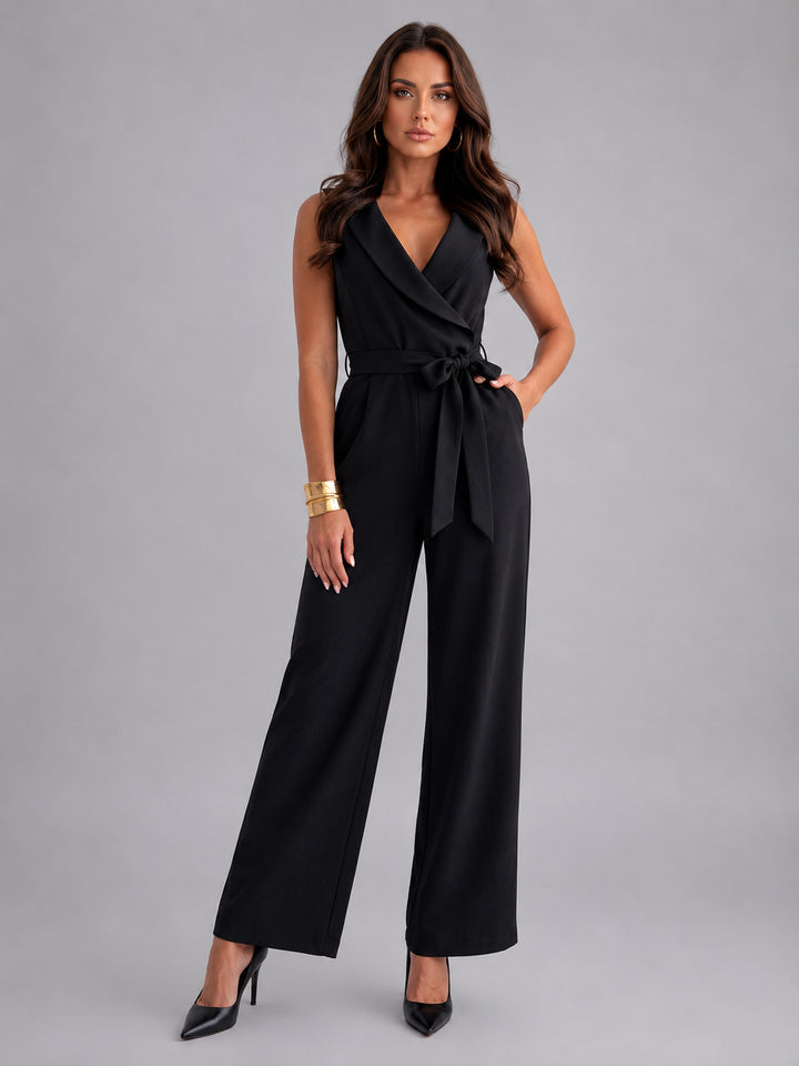 Lisestine | Women's Elegant Effortless Wrap Front Wide Leg Jumpsuit — Black