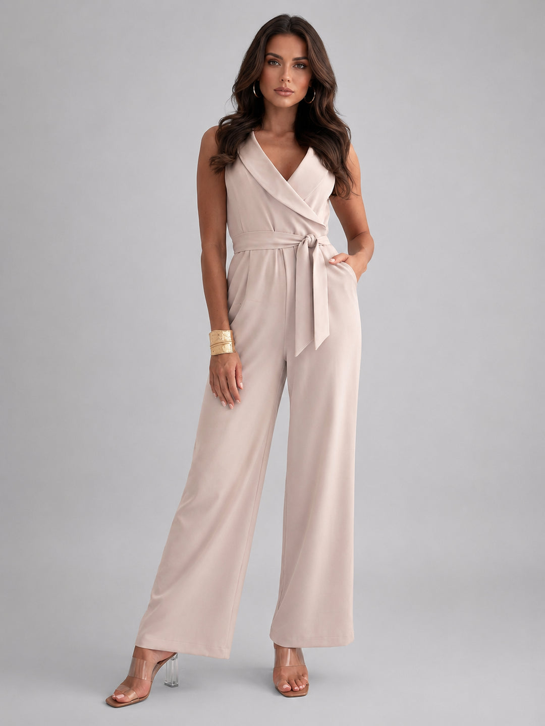 Lisestine | Women's Elegant Effortless Wrap Front Wide Leg Jumpsuit — 1