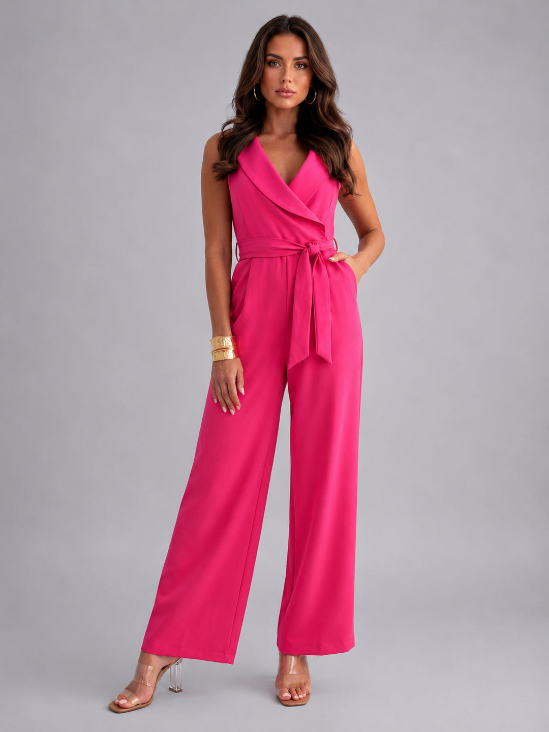 Lisestine | Women's Elegant Effortless Wrap Front Wide Leg Jumpsuit — Pink