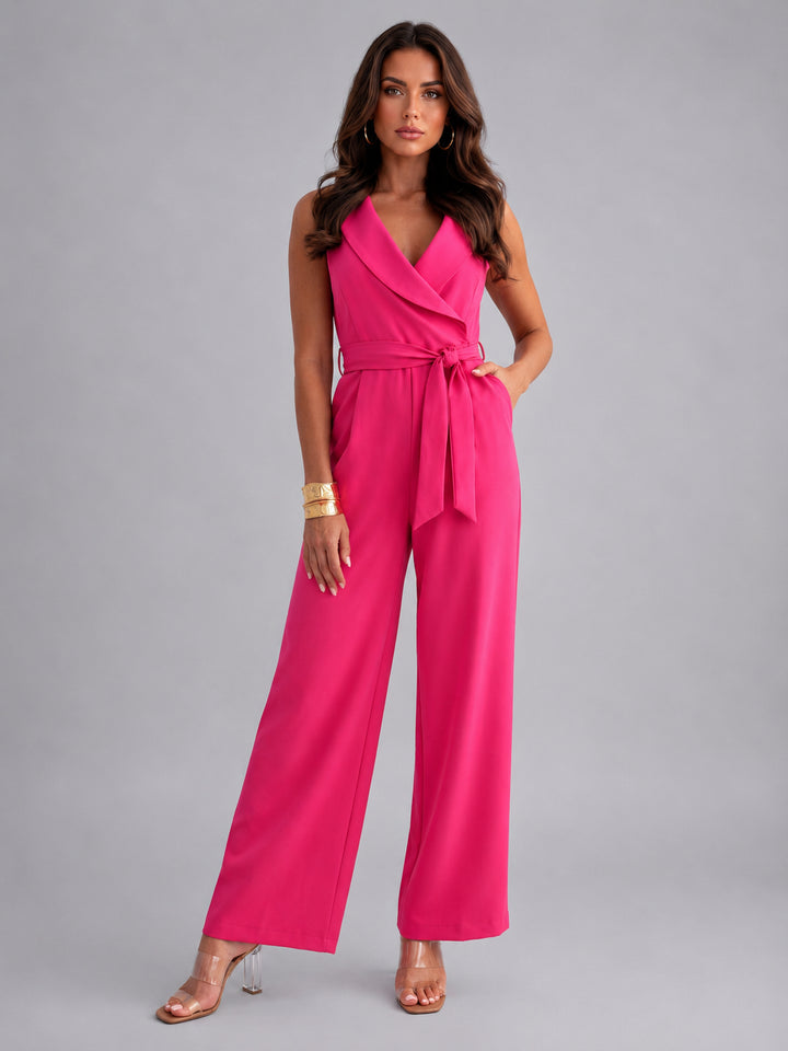 Lisestine | Women's Elegant Effortless Wrap Front Wide Leg Jumpsuit — Pink