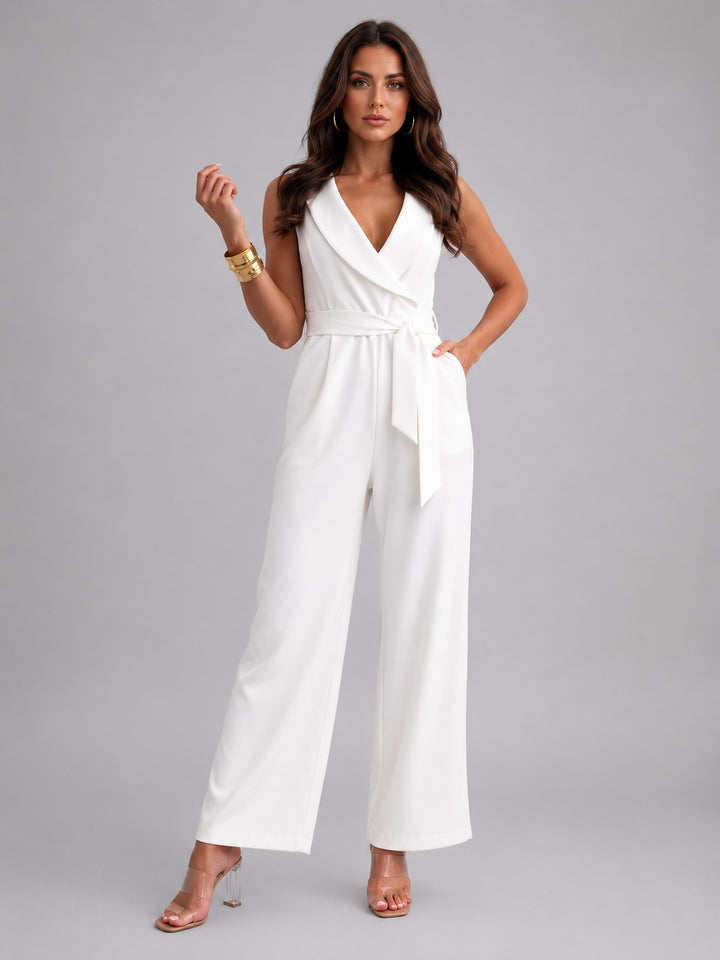 Lisestine | Women's Elegant Effortless Wrap Front Wide Leg Jumpsuit — White