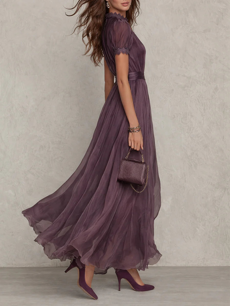 Lisetteessa | Women's Elegant Formal Maxi Dress Mauve Chiffon Lace Trim for — 2