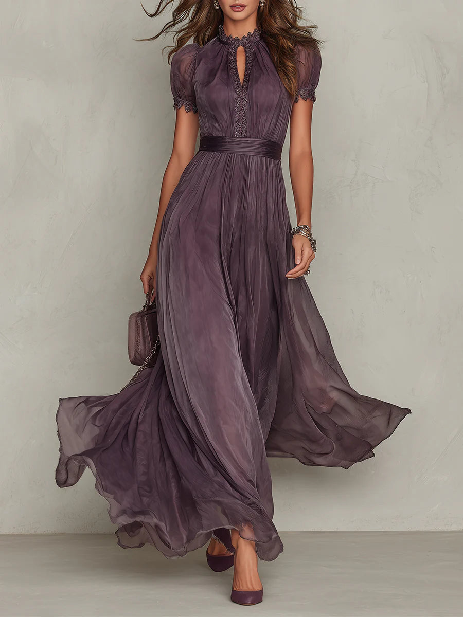 Lisetteessa | Women's Elegant Formal Maxi Dress Mauve Chiffon Lace Trim for — Purple