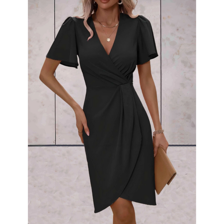 Lisettelia | Women's Elegant Wrap Midi Dress V-Neck Flutter Sleeve Belted Occasion Dress — Black