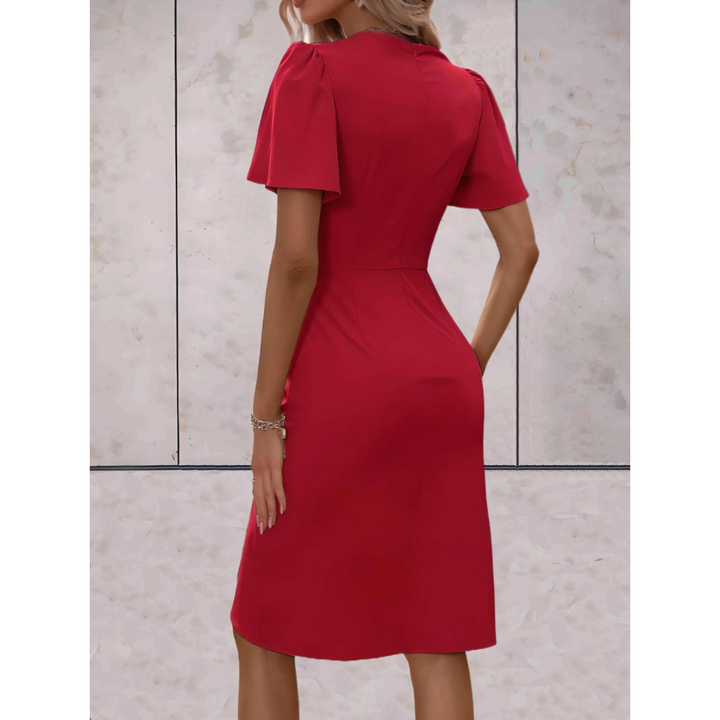 Lisettelia | Women's Elegant Wrap Midi Dress V-Neck Flutter Sleeve Belted Occasion Dress — 2