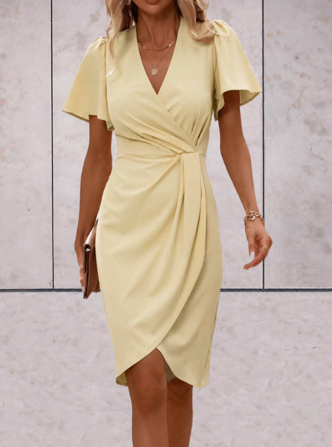 Lisettelia | Women's Elegant Wrap Midi Dress V-Neck Flutter Sleeve Belted Occasion Dress — Brown