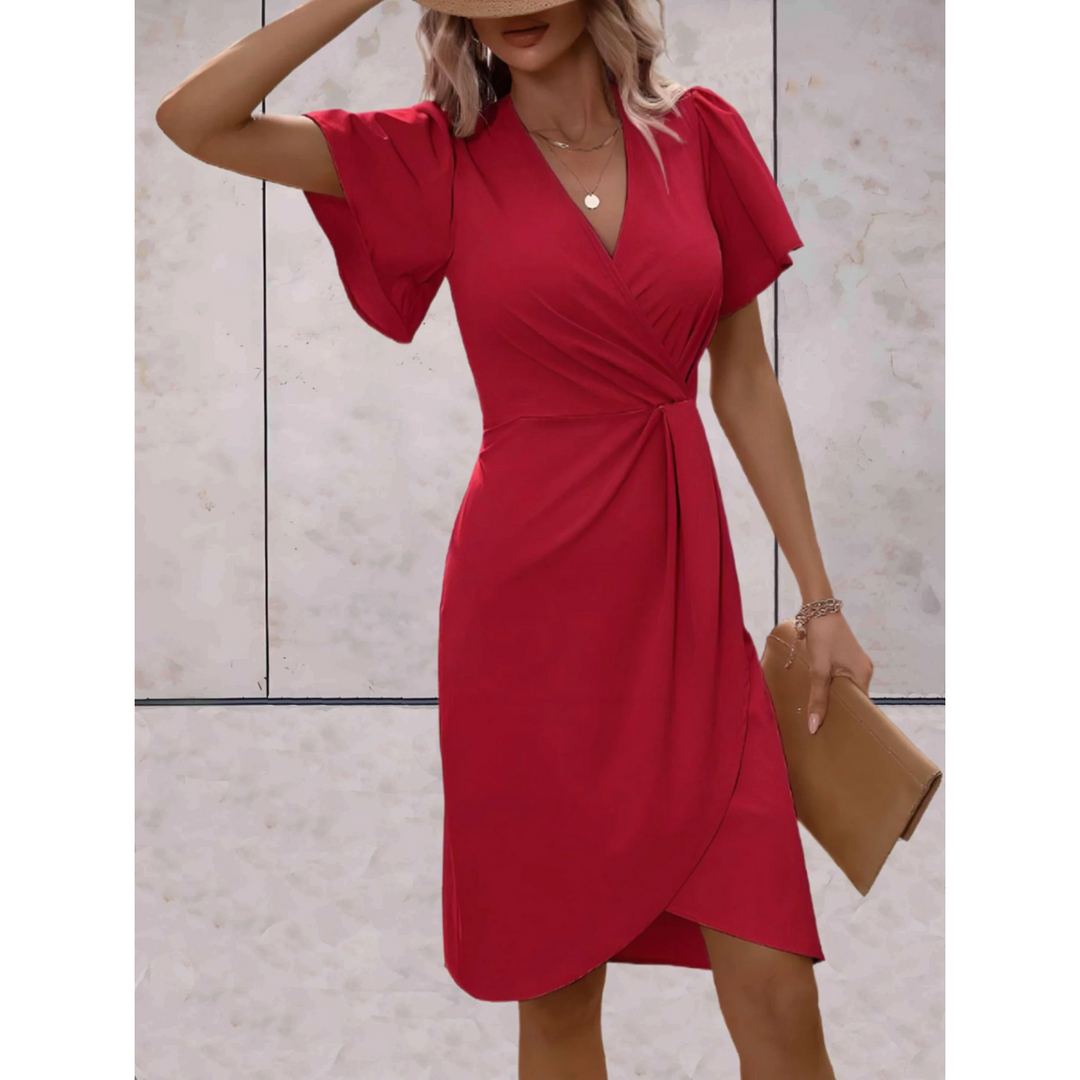 Lisettelia | Women's Elegant Wrap Midi Dress V-Neck Flutter Sleeve Belted Occasion Dress — Red