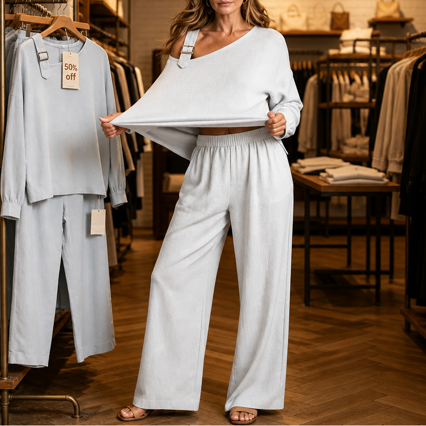 Lisevanne | Asymmetric Linen Blend Wide Leg Two-Piece Set
