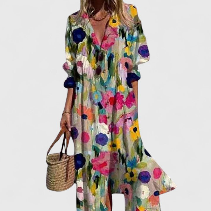Livwen | Women's Elegant Trendy Floral Button Front Dress — Multicolored 1