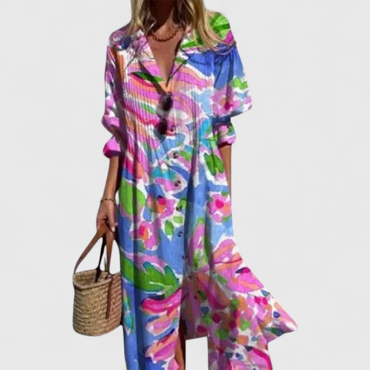Livwen | Women's Elegant Trendy Floral Button Front Dress — Pink red