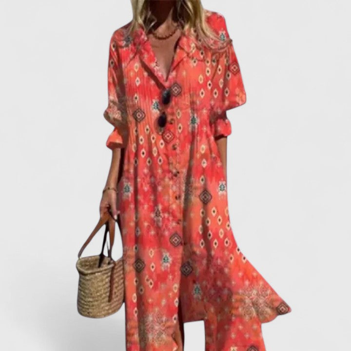 Livwen | Women's Elegant Trendy Floral Button Front Dress — Red