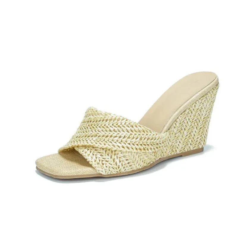 Lumiine | Women's Comfortable Woven Raffia Slip-On Wedge Sandals for Everyday — Apricot