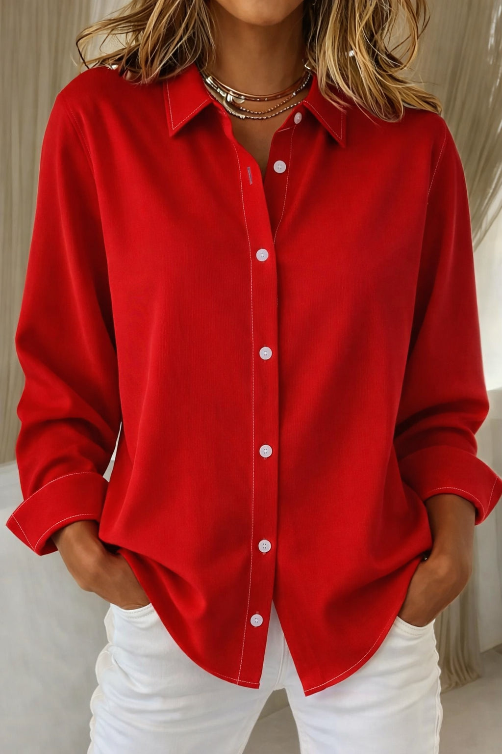 Lumimira | Women's Casual Relaxed Button Down Shirt — Red