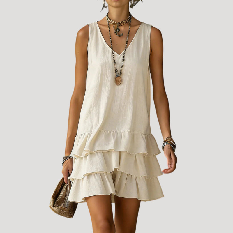 Lumivanne | Women's Elegant Sleeveless Tiered Mini Dress Linen Beach Wear — Beige