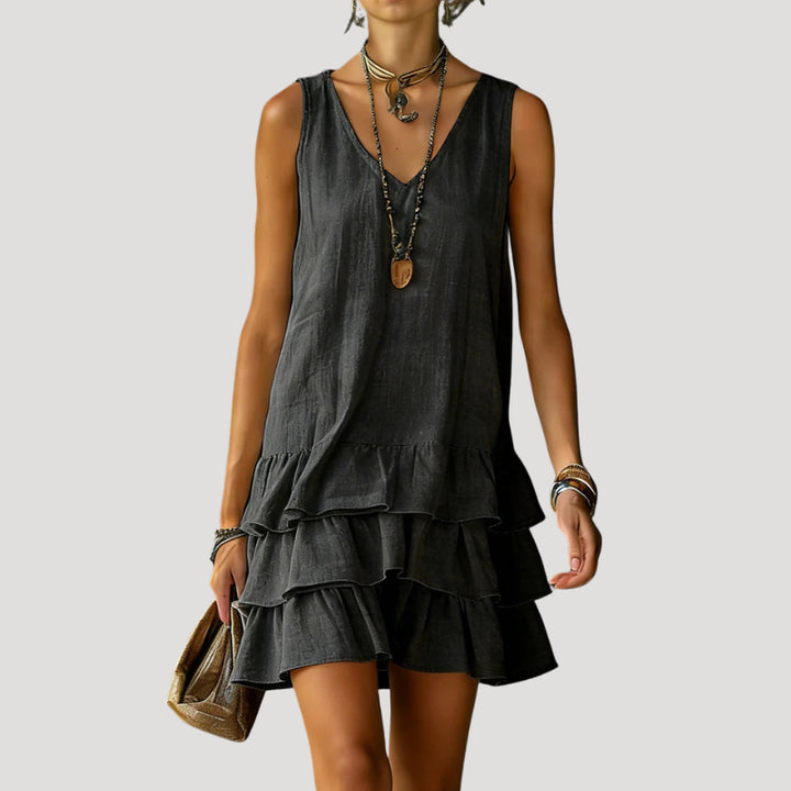 Lumivanne | Women's Elegant Sleeveless Tiered Mini Dress Linen Beach Wear — Black
