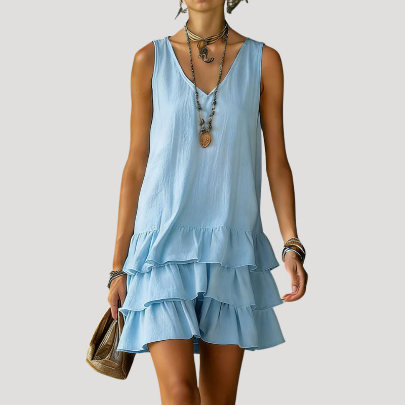 Lumivanne | Women's Elegant Sleeveless Tiered Mini Dress Linen Beach Wear — Blue