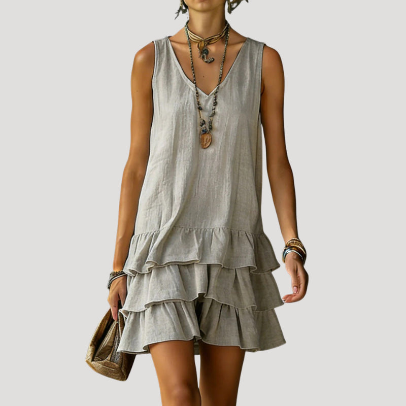 Lumivanne | Women's Elegant Sleeveless Tiered Mini Dress Linen Beach Wear — Gray