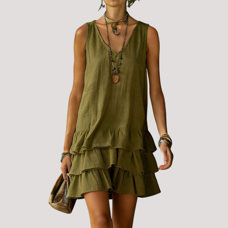 Lumivanne | Women's Elegant Sleeveless Tiered Mini Dress Linen Beach Wear — Green