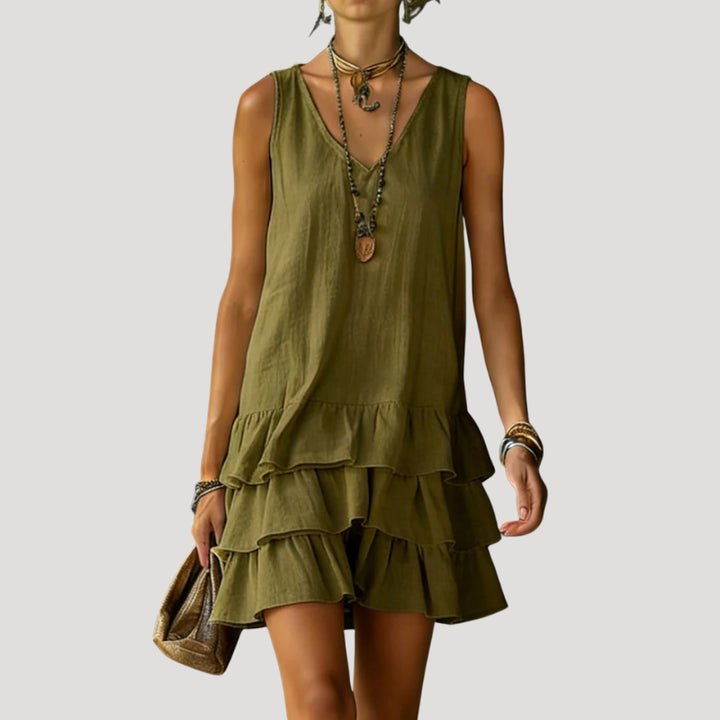 Lumivanne | Women's Elegant Sleeveless Tiered Mini Dress Linen Beach Wear — Green