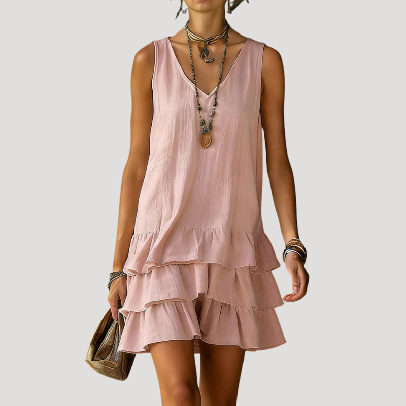 Lumivanne | Women's Elegant Sleeveless Tiered Mini Dress Linen Beach Wear — Pink
