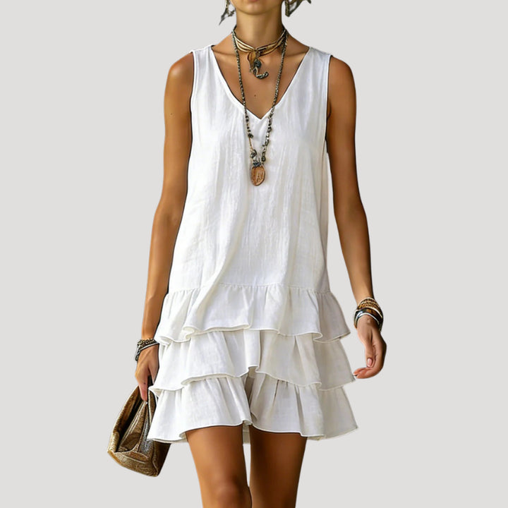 Lumivanne | Women's Elegant Sleeveless Tiered Mini Dress Linen Beach Wear — White