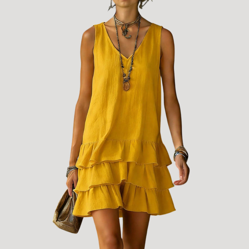 Lumivanne | Women's Elegant Sleeveless Tiered Mini Dress Linen Beach Wear — Yellow