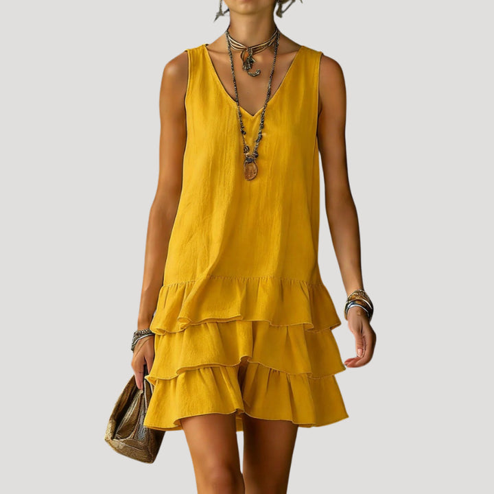 Lumivanne | Women's Elegant Sleeveless Tiered Mini Dress Linen Beach Wear — Yellow
