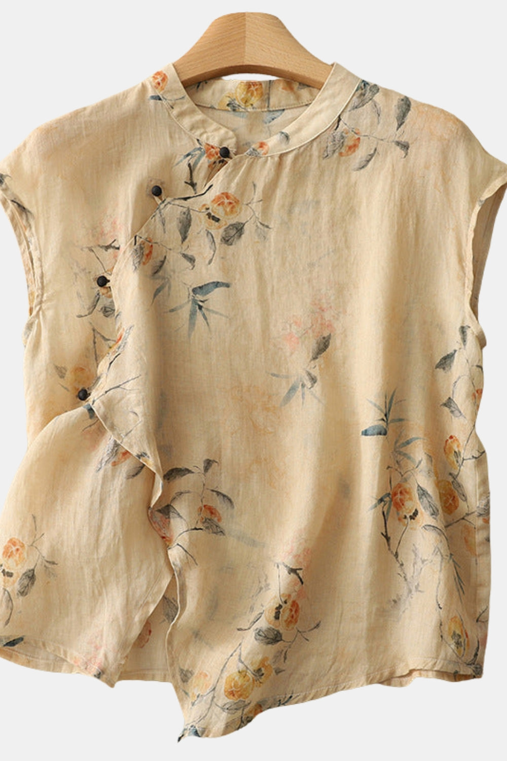Lunina | Women's Linen Floral Sleeveless Blouse | Casual Top — Beige