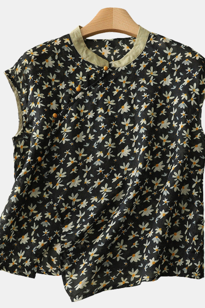 Lunina | Women's Linen Floral Sleeveless Blouse | Casual Top — Black