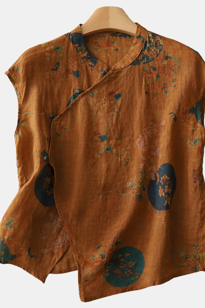 Lunina | Women's Linen Floral Sleeveless Blouse | Casual Top — Brown