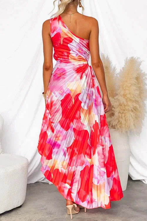 Lunria | Women's flowy red floral one-shoulder maxi dress — 2
