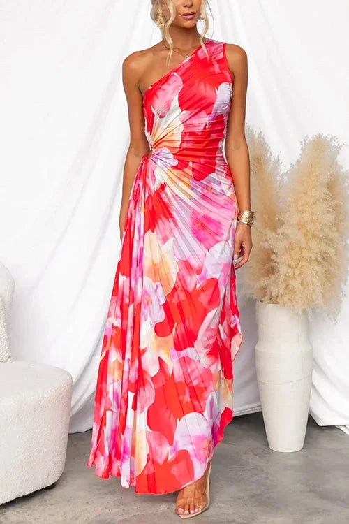 Lunria | Women's flowy red floral one-shoulder maxi dress — Rose Red