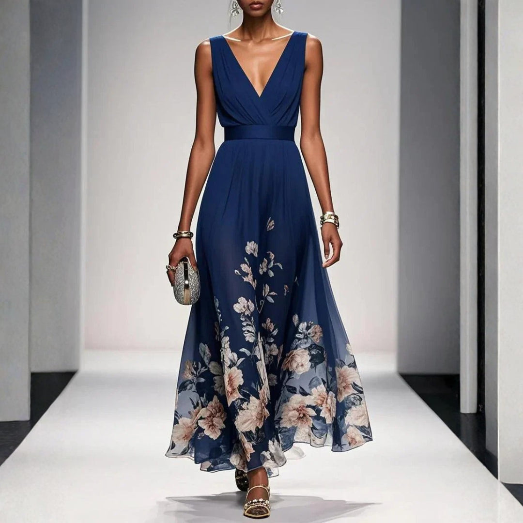 Lyralora | Women's Elegant Maxi Formal Dress Navy Blue Floral Chiffon V-Neck for — 1