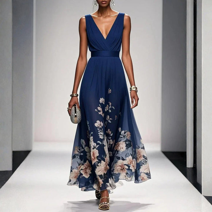 Lyralora | Women's Elegant Maxi Formal Dress Navy Blue Floral Chiffon V-Neck for — 1