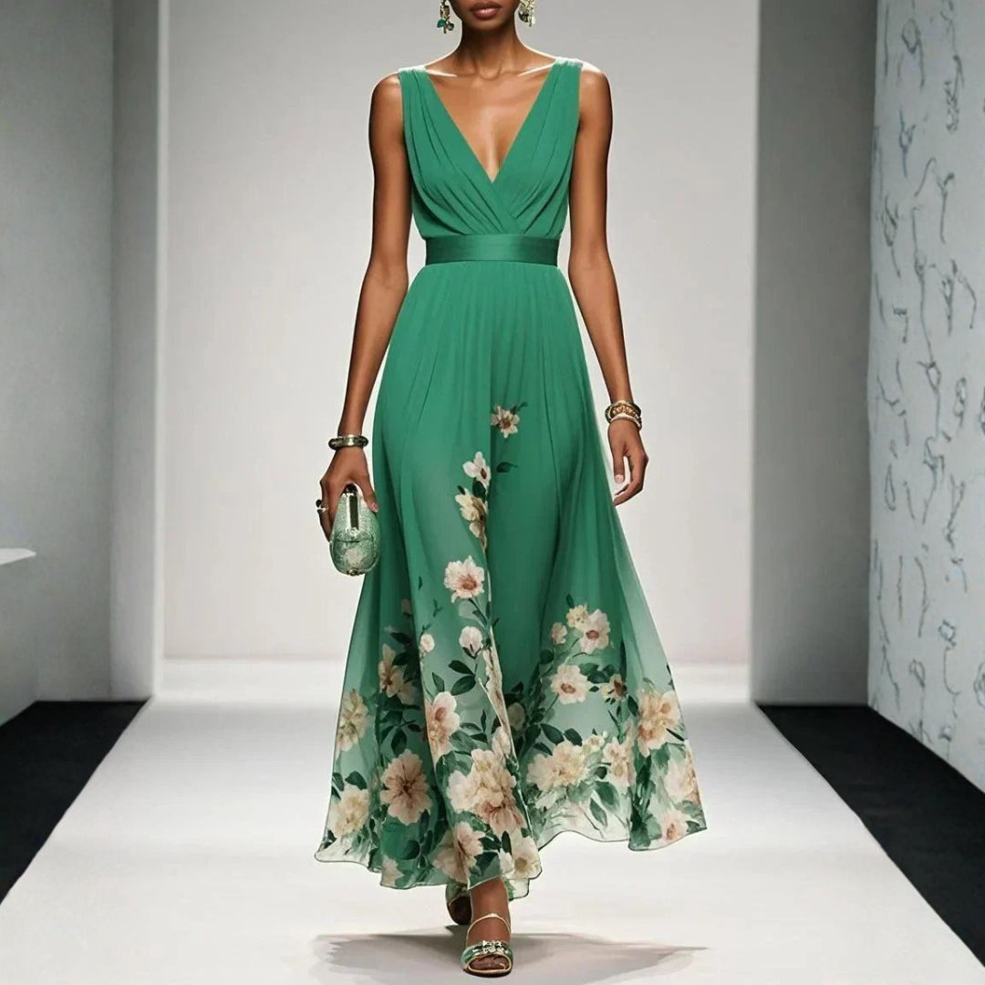 Lyralora | Women's Elegant Maxi Formal Dress Navy Blue Floral Chiffon V-Neck for — Green