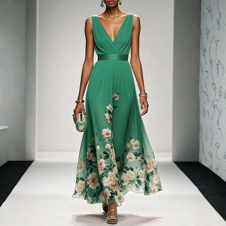 Lyralora | Women's Elegant Maxi Formal Dress Navy Blue Floral Chiffon V-Neck for — Green