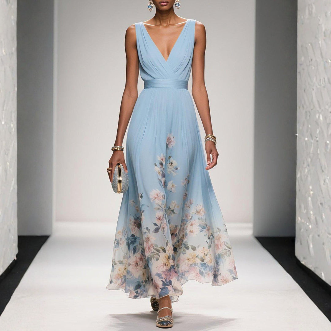 Lyralora | Women's Elegant Maxi Formal Dress Navy Blue Floral Chiffon V-Neck for — Light Blue
