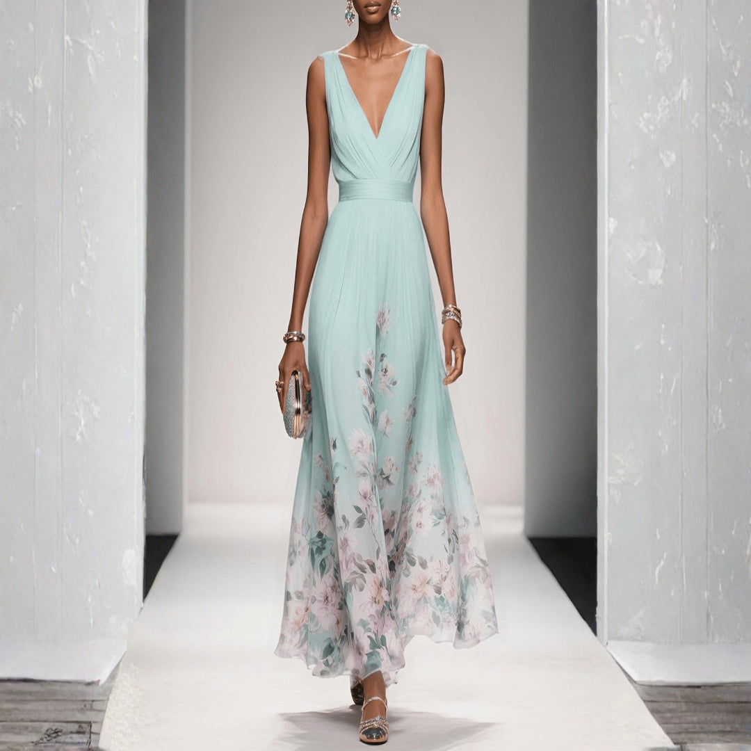 Lyralora | Women's Elegant Maxi Formal Dress Navy Blue Floral Chiffon V-Neck for — Light Green