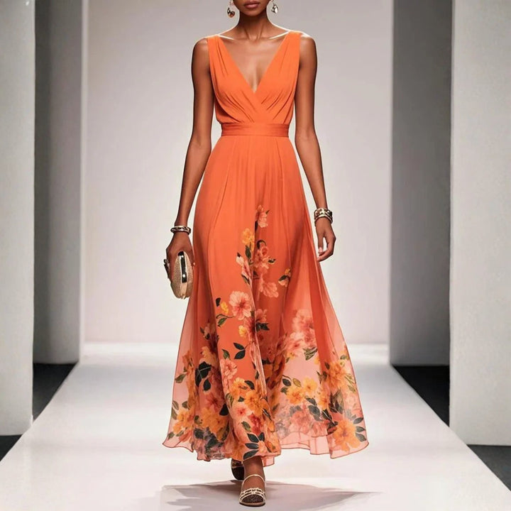 Lyralora | Women's Elegant Maxi Formal Dress Navy Blue Floral Chiffon V-Neck for — Orange