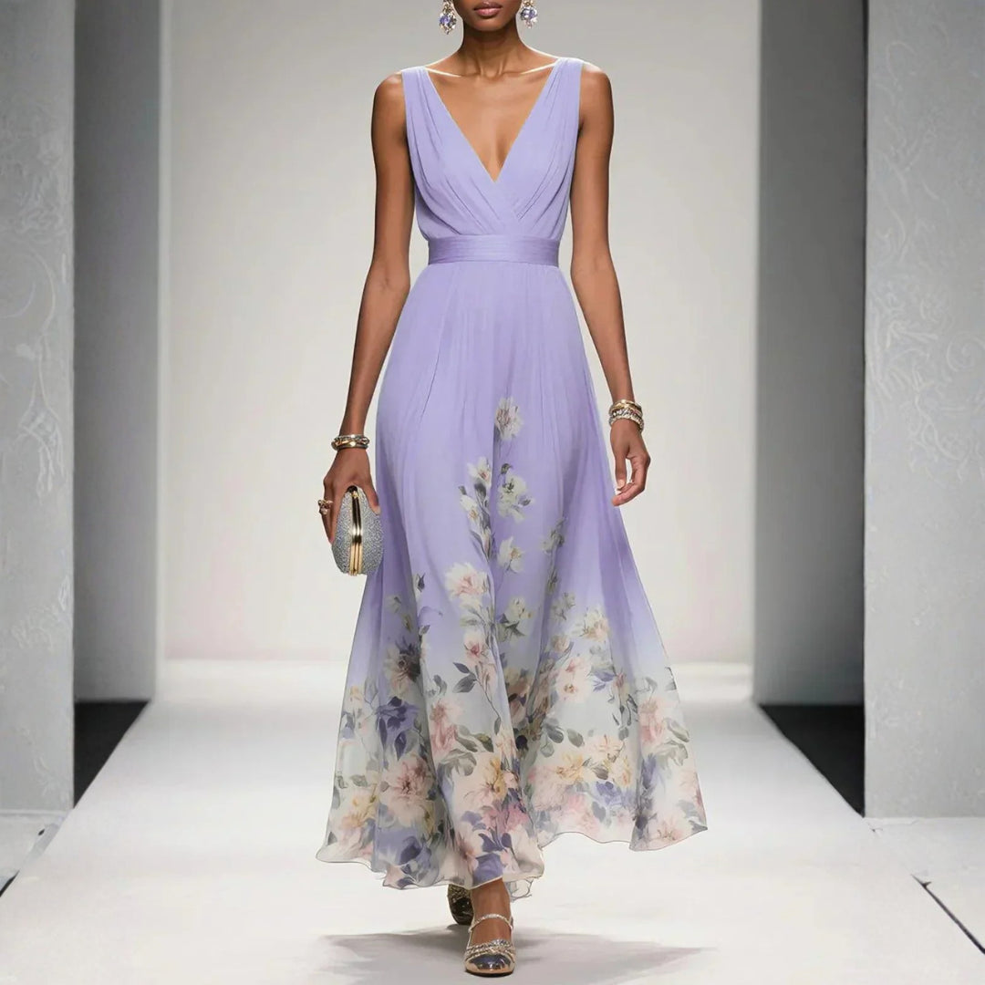 Lyralora | Women's Elegant Maxi Formal Dress Navy Blue Floral Chiffon V-Neck for — Purple